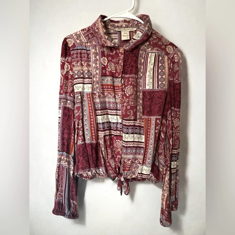 AMERICAN RAG Womens Red Printed Long Sleeve Collared Button Up Top Large - Picture 6 of 8